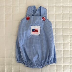 NWT Stitchy Fish Blue Gingham Flag Bubble Romper 12M